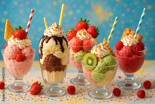 A vibrant assortment of delightful ice cream sundaes with fresh fruit and sprinkles perfect for national ice cream day celebrations