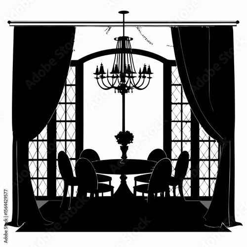 Black Silhouette Dining Room with Crystal Chandelier and Draped Curtains