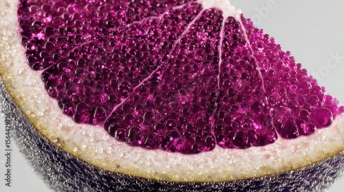 A vibrant slice of purple fruit covered in tiny bubbles glistens beautifully against plain backdrop