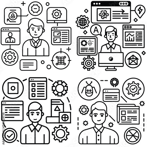Web development set of web icons in line style. Developer icons for web and mobile app. Code, api, programmer coding, app, flow, node connect, web coder, bug fix and more. Vector illustration