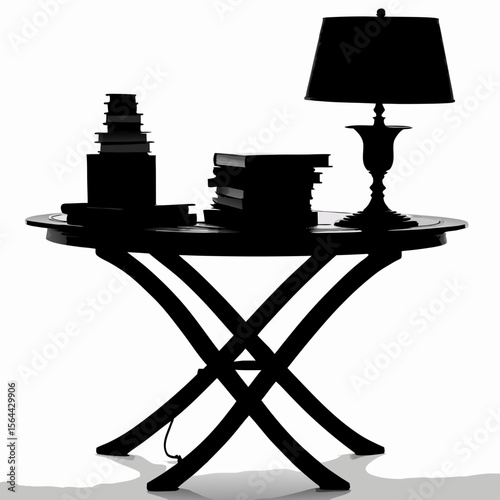 Black Silhouette Side Table Books Lamp Stacks round table