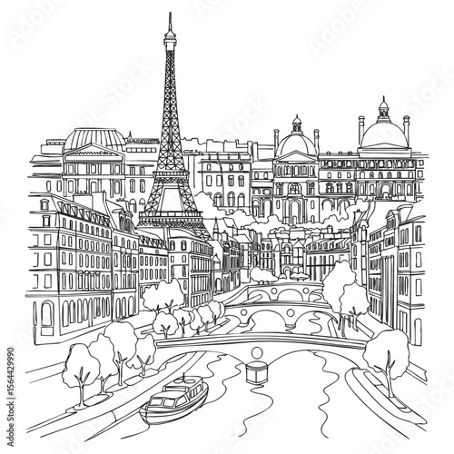 paris cityscape doodle line art vector