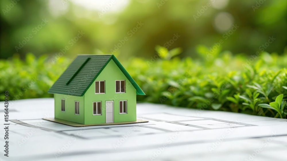 Soft focus green building concept featuring home model on plans with sustainability rating
Soft focus green building concept featuring home model on plans with sustainability rating