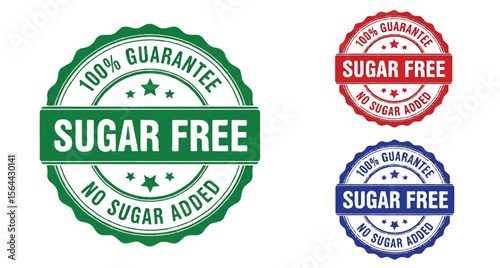 "100% Guarantee, Sugar Free, No Sugar Added" stamps in red, blue, and green on white background