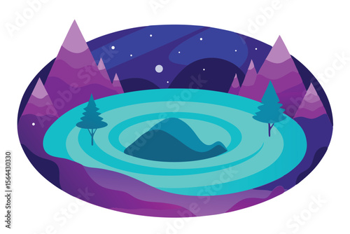 An illustration of a lake surrounded by mountains and trees under a starry night sky.