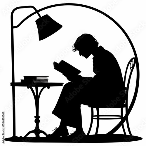 Silhouette Person Reading Book at Small Table with Lamp