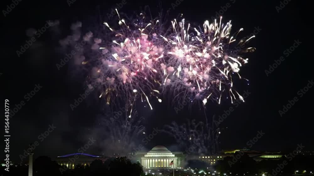 Spectacular Fireworks Display over Iconic Washington D.C. Landmarks at Night