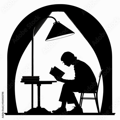 Silhouette Person Reading Book Under Lamp in Alcove