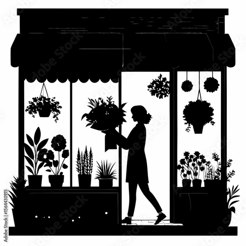 Black Silhouette Florist Shop Woman Arranging Flowers Bouquet 1