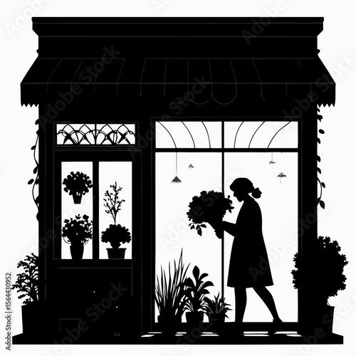 Black Silhouette Florist Shop Woman Arranging Flowers Plants