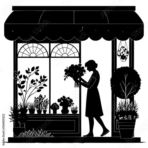 Woman Arranging Flowers at Black Silhouette Flower Shop 1