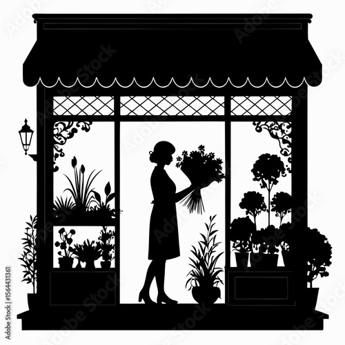 Woman Holding Flower Bouquet in Black Silhouette Flower Shop