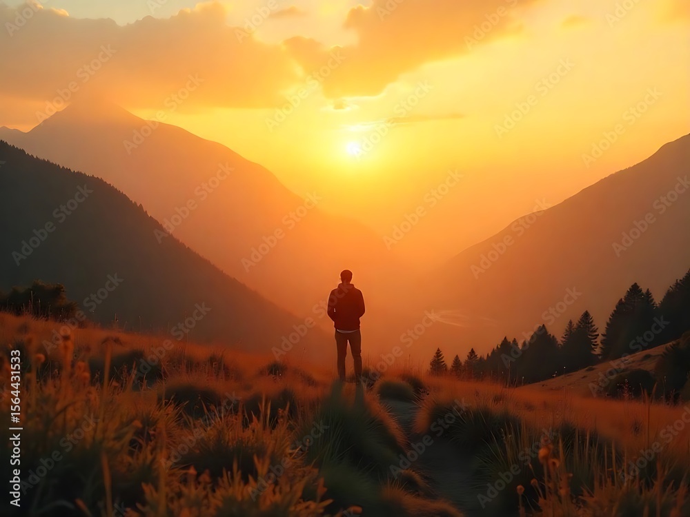 Fototapeta premium Solitary figure silhouetted against a breathtaking sunset over majestic mountains.