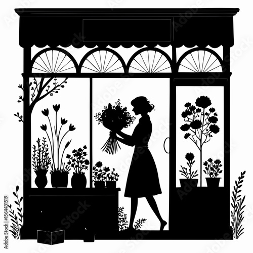 Woman Silhouette Holding Flower Bouquet in Black Flower Shop