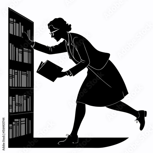 Woman Running Book in Hand Library Bookshelf Silhouette