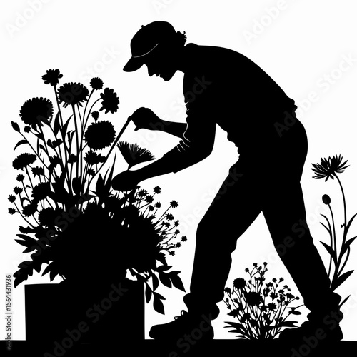 Black Silhouette Gardener tending Flowers in Box white
