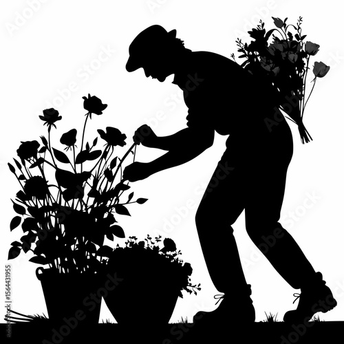 Black Silhouette Gardener tending Roses and Flowers in Pots