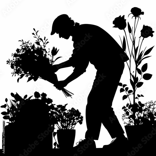 Florist Arranging Bouquet Black Silhouette Flowers Shop