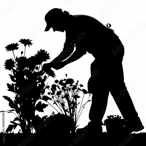 Gardener Silhouette Tending Black Flowers White Background