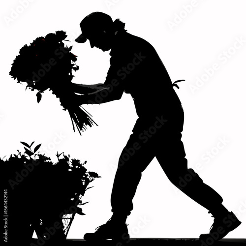 Florist Silhouette Arranging Large Flower Bouquet black and white