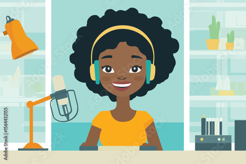 African woman recording a podcast with headphones and microphone, creative workspace background vector illustration