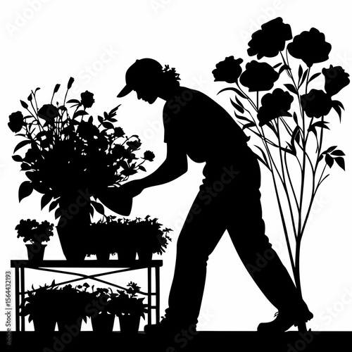 Person tending potted flowers and plants black silhouette