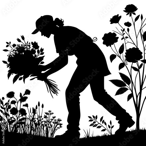 Woman Silhouette Harvesting a Bouquet of Flowers female