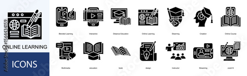 Online Learning icon collection set. Containing Elearning, Creation, Online Course, Multimedia, education icon.