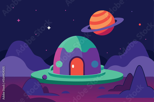 Colorful alien spaceship home on a distant planet at night.