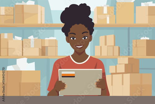African woman shopping online using tablet with credit card and parcels, ecommerce lifestyle vector illustration