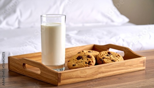 Delicious milk and chocolate cookies on a wooden table, a sweet and healthy snack