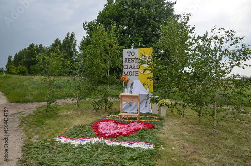 Dziewkowice June 19, 2025, altar for Corpus Christi with the text this is my body