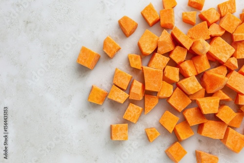 Diced Sweet Potatoes on a White Marble Surface, Ready for Cooking or Roasting Dishes