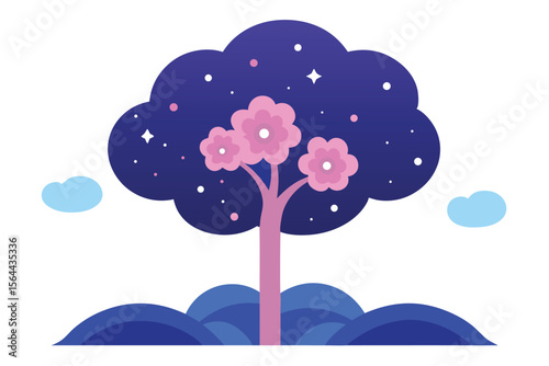 A stylized illustration of a tree with pink blossoms at night, nestled in a landscape of purple hills and clouds.