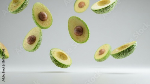 Floating Avocado Halves with Seeds on Light Background, Healthy Fresh Food