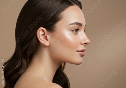 Profile view of a woman with brown hair and glowing skin on beige background