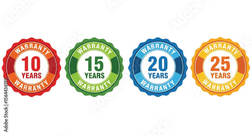 Warranty badge set with 10, 15, 20, and 25 years guarantee on white background