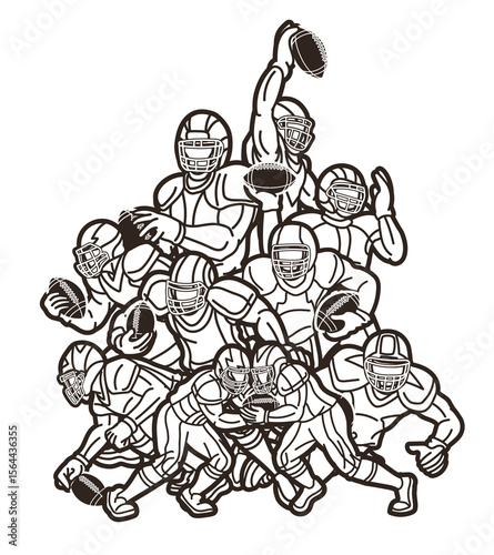 American Football Players Mix Action Cartoon Outline Sport Graphic Vector