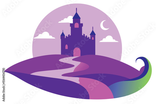 A whimsical purple castle sits atop a hill, a winding path leading to its entrance, nestled within a stylized landscape at twilight.