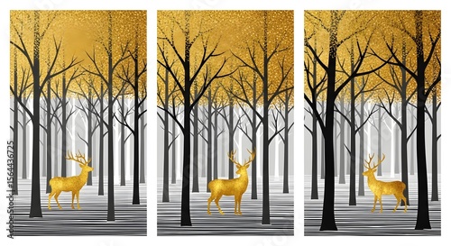 Golden deer in forest triptych art print canvas wall art decor woodland animal nature trees