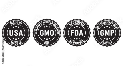 Set of vector seals showing Made in USA, Non-GMO, FDA Approved, and GMP practice