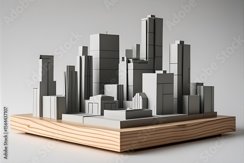 Minimalist paper cityscape model on wooden base