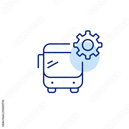 Bus and cogwheel. Transport system settings, route management, bus operations control, fleet configuration, public transit optimization. Pixel perfect, editable stroke vector icon
