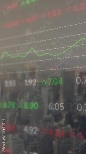 Animation of financial data processing over cityscape with modern office buildings