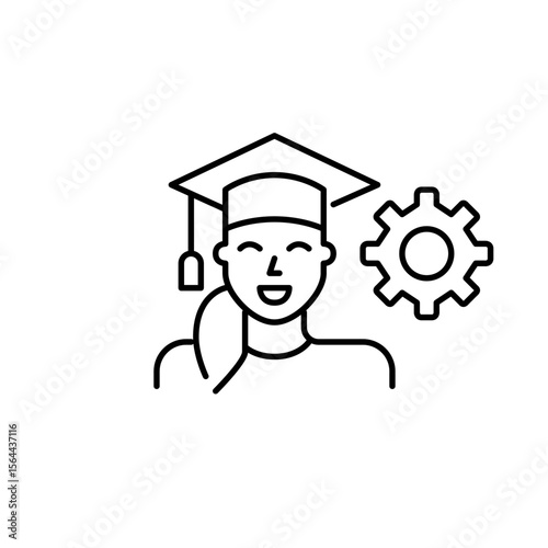Woman in graduation hat. Education settings, academic management, graduation process control, student profile configuration, learning system optimization. Pixel perfect, editable stroke vector icon