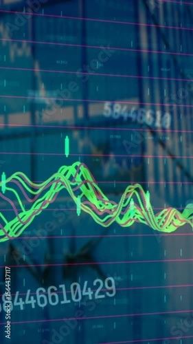 Animation of financial data processing over cityscape with modern office buildings