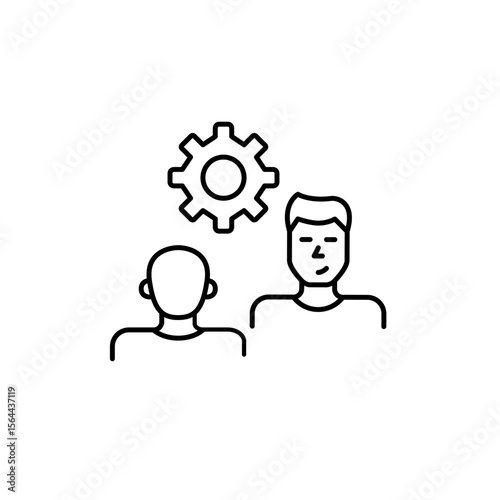 Two men on interview or conversation and cogwheel. Collaborative settings, communication management, interview configuration, dialogue optimization, user interaction control. Pixel perfect, editable s
