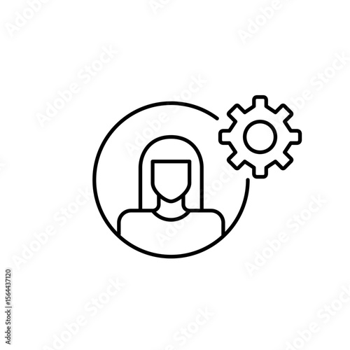 Female user avatar and cogwheel. Account settings, admin, control or customization. Women in tech or leadership, hr or user management software. Pixel perfect, editable stroke vector icon