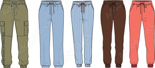 Collection of colorful jogger pants, cargo style, drawstring waist, casual wear, fashion bottoms, comfy fit, modern trendy streetwear flat vector illustration