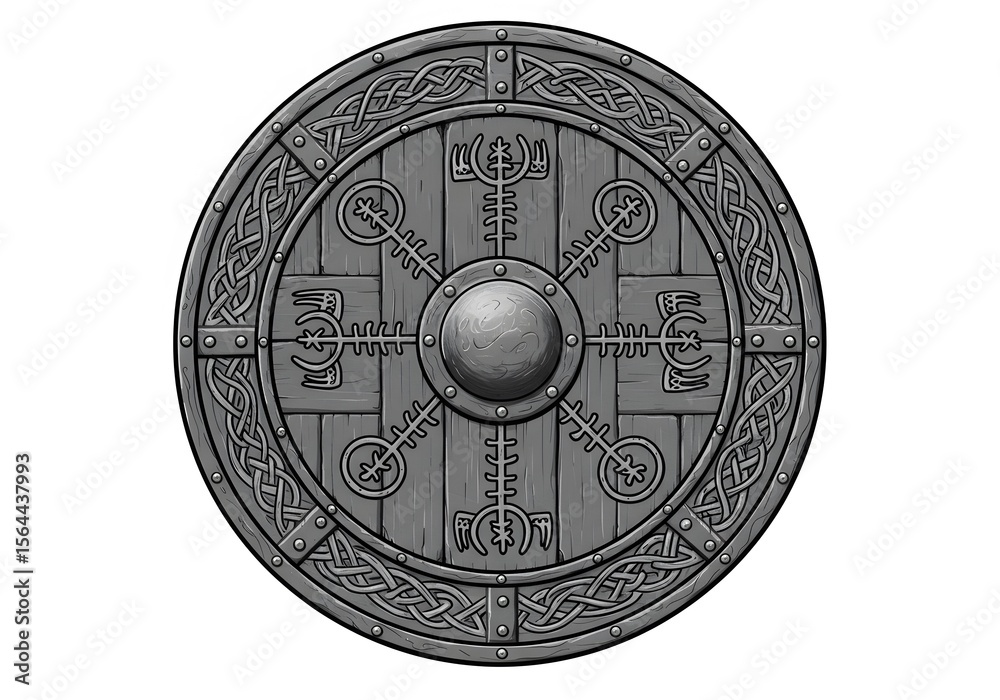 Obraz premium Ancient Viking Shield: Norse Mythology Inspired Wooden Round Shield with Celtic Knotwork and Runes